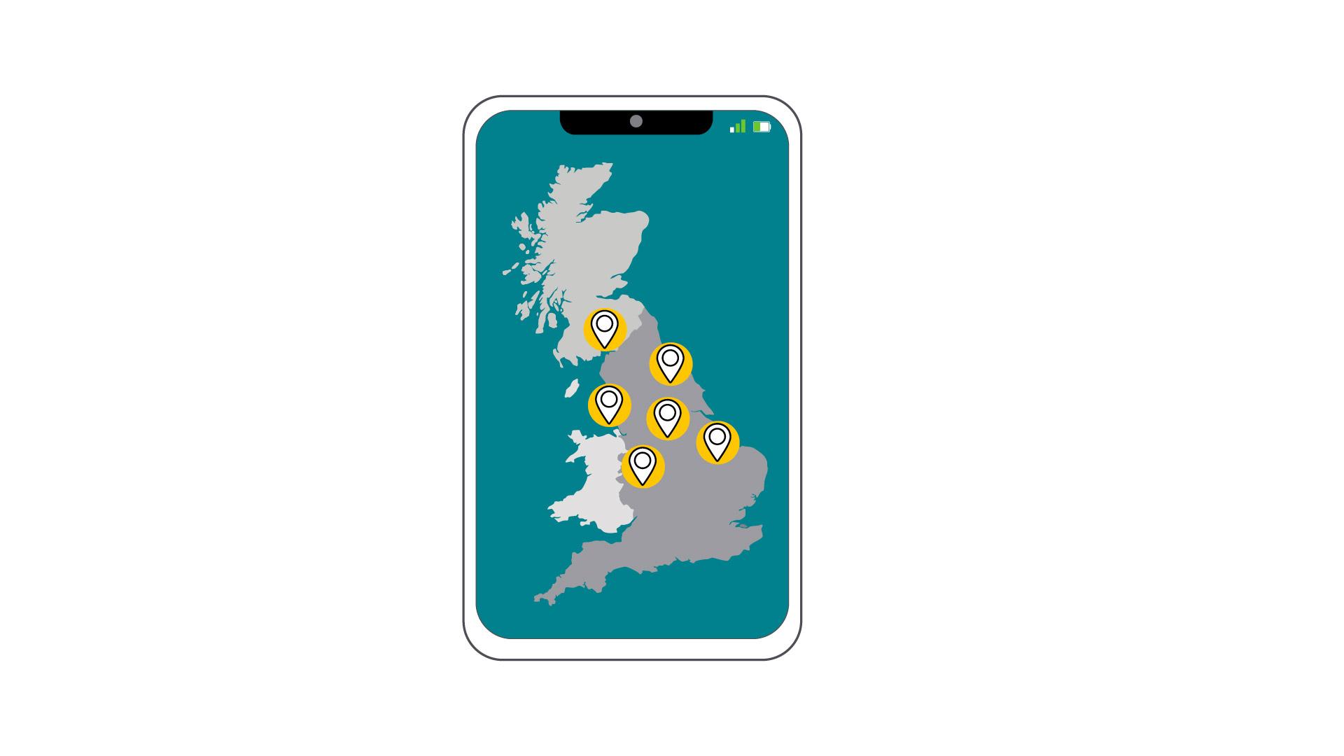 Phone screen with map of UK and pins at locations
